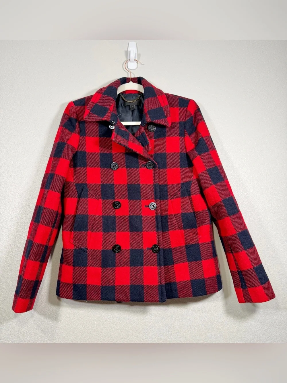 J. Crew Buffalo Plaid Peacoat Wool Jacket Red Navy Blue Checkered Plaid Women 4